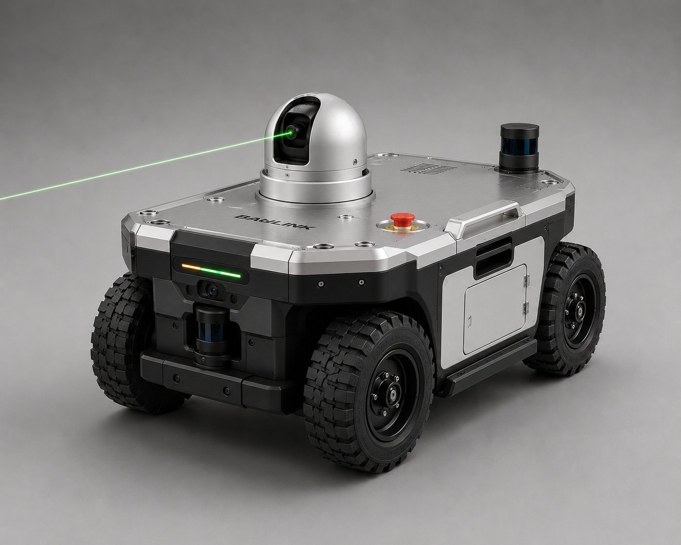 Designstudie des Baulink-Markierungsroboters (Robot 2) – mattschwarzes Chassis mit Aluminiumdeck, Pan-Tilt-Lasermodul mit grünem Markierungslaser und LIDAR.